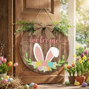 lot 4160 image: Capoda Easter Welcome Door Sign 3D Wooden Bunny Hanging Sign for Front Door Hanger Decorations with Bow Rabbit Rustic Easter Wood Wreath Wall Spring Holiday Farmhouse Window Home Decor
