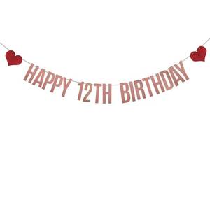 lot 4163 image: YS Happy 12th Birthday,RoseGold Glitter paper Banner,Pre-Strung,12th Birthday Party Decorations Bunting Sign Backdrops,Happy 12th Birthday,RoseGold