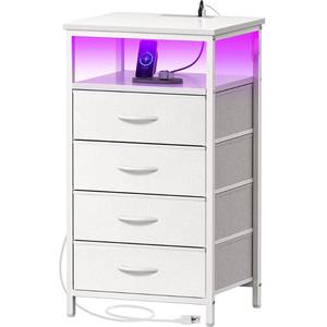 lot 5712 image: Huuger Night Stand with Charger Station and LED Lights, 4 Drawer Nightstand, Bed Side Table with Open Shelf, End Table, Fabric Dresser for Bedroom, PU Leather, White