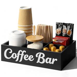 lot 5741 image: Samhe Coffee Station Organizer, 6 Compartment Wood Countertop Coffee Accessories Organizer with Removable Dividers for Condiment Cups Lids Pods Syrups, Farmhouse Bar Decor
