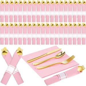 lot 5750 image: Lasnten Pcs Pink Cutlery Set Disposable Silverware Set for Wedding, Pre-rolled Wrapped Silverware with Napkins Gold Plastic Forks Spoons Knives for 50 Guests Party Tableware (Pink)