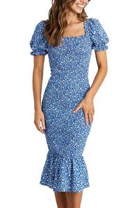lot 6001 image: PRETTYGARDEN Summer Floral Bodycon Midi Dresses 2025 Puff Sleeve Mermaid Cocktail Baby Shower Photoshoot Maternity Dress (Blue,Large)