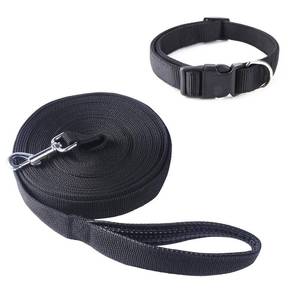 lot 6011 image: Pofomede Multiple Use Nylon Training Lead Long 33ft Dog Leash with Leather Padded Handle for Large Medium Dog Training Walking, Adjustable Nylon Dog Collar with Safe Buckle (Black)