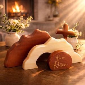 lot 6013 image: He Is Risen Easter Decor �� Wooden Resurrection Scene with Empty Tomb, Cross & Figurines, Christian Religious Tabletop Decoration for Home Christian Easter Basket Stuffer
