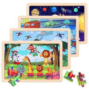 lot 6014 image: Wooden Educational Jigsaw Puzzles for Preschool Kids Ages 3-5, 4-Pack with 20 Pieces Dinosaur, Space, Transportation Wood Puzzles Set, Toddler Brain Teaser Toys, Gifts for Boys Girls Ages 3 4 5 6