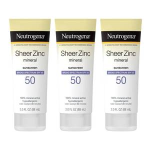 lot 6063 image: Neutrogena Mineral Sunscreen Sheer Zinc Oxide Dry-Touch Lotion, Broad Spectrum Sunblock SPF 50, Water Resistant Sunscreen For Sensitive Skin, 3 fl. oz, 3 Pack