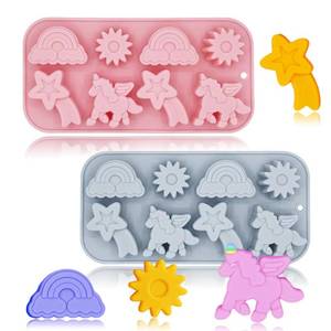lot 6076 image: 2 Pack Unicorn Molds Silicone 8 Cavity 3D Flying Unicorn Themed Baking Mould Tray with Cartoon Rainbow Meteors Sun for Kids Party Chocolate Cake Topper Dessert Mousse Pastry Handmade Soap Crayons