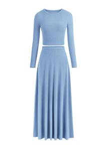lot 6080 image: PRETTYGARDEN Women Fall Spring 2 Piece Outfits Dressy Casual Ribbed Knit Long Sleeve Crop Top Maxi Flowy Skirts Matching Sets (Light Blue,Small)