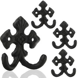 lot 6087 image: 4 Pack Wrought Iron Wall Hooks, Cast Iron Heavy Duty Double Hooks, Decorative Wall Mounted Coat Hooks, Vintage Wall Hooks for Farmhouse Home Garage Tool Shed Hanging Coat, Keys, Towel, Tools, Hat