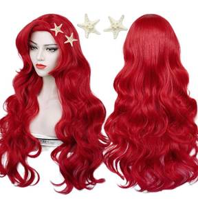 lot 6106 image: Red Curly Wig, Max Beauty Red Mermaid Cosplay Wigs for Woman with Starfish Hair Clips, Adult Long Hair Daily Wig Heat Resistant Synthetic Fiber for Halloween for Cosplay for Christmas (Red 1)