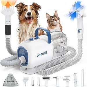 lot 6124 image: oneisall Dog Vacuum & Dryer for Shedding Grooming, 8 in 1 Dog Grooming Kit with Metal Blade Pet Clippers, Adjustable Speed and Temperature Control Blower