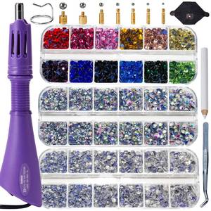 lot 6139 image: GLOCTO bedazzler kit with Rhinestones hot fix applicator Tool with 5,000 Pieces of Rhinestones, Three gem Sizes and Various Tips, Perfect for Adding Sparkle to Clothing, Fabric, and Craft Projects box opened loose product