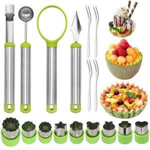 lot 6142 image: 17 Pack Melon Baller Scoop Set - 4 in 1 Stainless Steel Fruit Tool Set Fruit Scooper Seed Remover with Fruit Vegetable Cutter Shapes Set Fruit Peeler for Fruit Slicer Dig Pulp Separator (A)