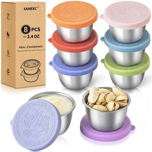 lot 6148 image: SANEXC 8 Pack - 2.4 Oz Small Salad Dressing Containers To Go, Leakproof Condiment Containers with Lids Reusable Stainless Steel Sauce Cups for Lunch Boxes Kitchen Storage Picnics Travel Meal Prep