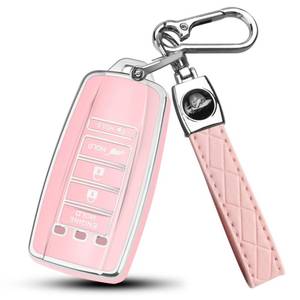 lot 6211 image: FT FUNTOR 5 buttons Key Fob Cover with Leather Keychain for Acura, Premium TPU Case for ILX MDX RDX RLX TLX (B-Pink)