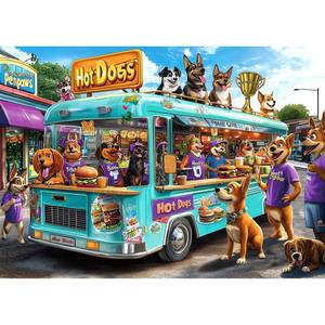 lot 11618 image: Blueforest 1000 Piece Jigsaw Puzzle for Adults - Cartoon Dogs Food Truck Adventure - Challenging & Fun Puzzle with Vibrant Art, Bonus Poster (27.5 x 19.7)