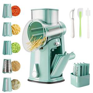 lot 11622 image: The CoveCarol rotary cheese grater comes with 5 blades and 3 tools a round mandolin slicer and a food shredder. Suitable for fruits, vegetables, nuts, etc., it includes a blade storage box. (Green)