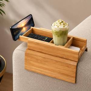 lot 11628 image: Bamboo Sofa Armrest Tray with Detachable Cup Holder, Foldable Couch Arm Table, Non-Slip Organizer for Drinks, Remote, Phone & Snacks, Space Saving Armrest Caddy for Sofa