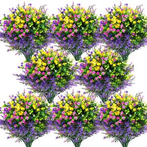 lot 11632 image: Hananona 24 Pcs Artificial Flowers Outdoor, Faux Artificial Plants UV Resistant Plastic Flower Bulk for Hanging Planter Porch Window Home Wedding Fall Summer Decor (24, Fuchsia, Purple, Yellow, Green)