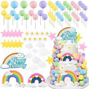 lot 11641 image: 81Pcs Rainbow Cake Topper Boho Birthday Cake Balls Decorations, Groovy Cake Toppers with Rainbow Flowers Balls for Girls Birthday Party Decorations