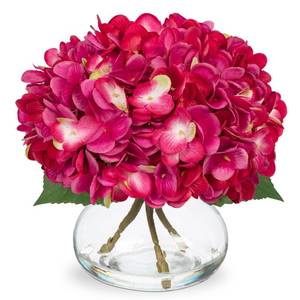 lot 11646 image: Hollyone Hydrangea Artificial Flowers with Glass Vase Fuchsia Silk Faux Flowers Arrangements in Vase with Faux Water Fake Floral Bulk Bouquet for Home Decor Table Centerpiece Decorations