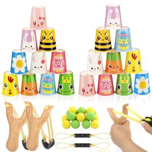 lot 11669 image: Easter Games Stacking Cups Set, Easter Activities with 24 Cup 2 Wooden Catapults 2 Spare Rubber Band & 10 Foam Balls, Easter Toss Games for Adult Indoor Outdoor Family Yard Carnival Party Supplies
