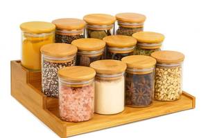 lot 11678 image: OrdiZen Home - Bamboo Spice Rack Organizer with 12 Glass Jars - Premium Kitchen Cabinet & Countertop Complete Set - Eco-Friendly & Gift-Ready