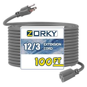 lot 11685 image: Zorky 100ft Indoor Outdoor Extension Cord - 123 SJTW Heavy Duty Extension Cable with 3 Prong Grounded Plug for Safety -15Amp 1875W Gray Electric Cord Great for Garden, Appliances