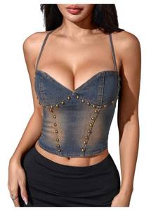 lot 12145 image: MakeMeChic Womens Y2k Denim Camis Crop Top Backless Rivet Studded Jean Tops Dark Wash Large