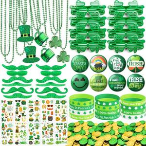 lot 12154 image: DMIGHT 188Pcs St. Patricks Day Accessories Party Favor Set, Necklaces, Shamrock Glasses, Mustaches, Bracelets, Badges, Tattoo Stickers, Coins for Irish Party Supplies
