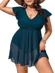 lot 12184 image: American Trends Plus Size Swimsuit for Women Swim Dress Tummy Control One Piece Bathing Suit Mesh Swimdress V Neck Ruffle Swimming Suit Swimwear Blue 20W