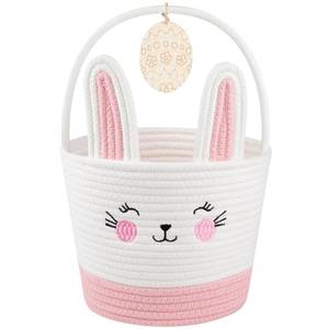lot 12189 image: OIASKET Personalized Easter Basket for Toddler, Woven Baby Easter Gifts Basket with Handle, Empty Bunny Egg Basket for Girls Boys Kids, Pink&White