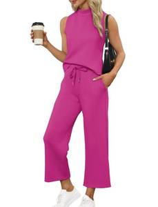lot 12202 image: Sampeel 2 Piece Set for Women Summer Outfits Vacation Trendy Lounge Sets Mock Neck Matching Sets Women Clothing Wide Leg Crop Pants Set Travel Airport Sweat Set