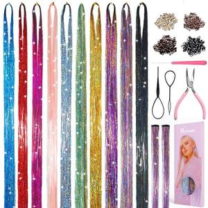 lot 12235 image: Hersun Hair Tinsel 10 Colors 3200 Strands 48in with Tools Fairy Tinsel Hair Extensions Kit Heat Resistant Colored Fairy Hair For Christmas Party Festival