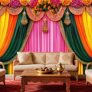 lot 12292 image: 10x8ft Indian Pooja Photography Backdrop, Indian Religious Traditional Festival Backdrop, Diwali Puja Ganpati Pooja Mehndi Wedding Party Decorations, Marigold Yellow Curtain Background