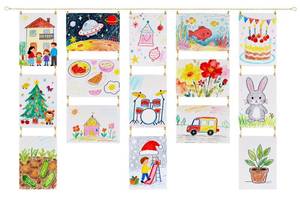 lot 12328 image: Mkono Art Display for Kids Artwork 63 L Metal Hanging Chain with 48 Clips, Kids Art Collage Pictures Holder, Boho Wall Decoration for Room Bedroom Playroom Classroom, Gold