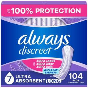 lot 13045 image: Always Discreet Adult Incontinence Pads for Women, Drier, 7 Drop Long Length, Ultra Absorbency, Pads for Bladder Control Management, Bladder Leaks, Overnight & Postpartum Pads, 104ct