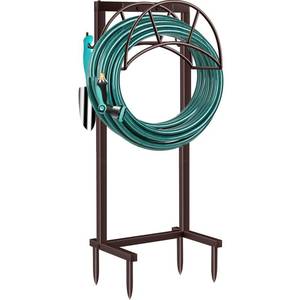 lot 13053 image: TomCare Garden Hose Holder Upgraded 4 Spikes Water Hose Holder with 2 Tool Hooks Sturdy Hose Reel Holds 150ft Hose Freestanding Hose Stand Hose Hanger Hose Storage for Outside Yard Lawn, Bronze