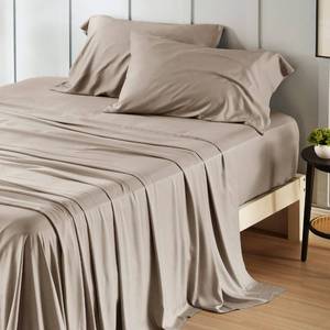 lot 13068 image: Bedsure Queen Sheet Set, Rayon Derived from Bamboo, Cooling Sheets, PureWoven, Breathable & Soft, Deep Pocket Up to 16 Inches, Hotel Luxury Silky Bedding for Hot Sleepers, Simply Taupe