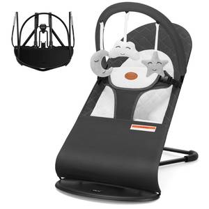 lot 13071 image: HKAI Baby Bouncer, Portable Baby Bouncer Seat for Babies 0-18 Months, 100% Cotton Fabrics, 3 Modes of use with Rocker and Stationary Options, Infant Rocker Chair with Hanging Toys-Dark Grey