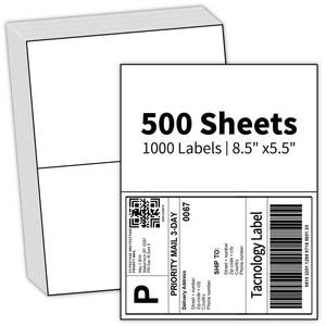 lot 13072 image: Tacnology 500 Sheets 1000 Labes 8.5x5.5 Half Sheet Self Adhesive Shipping Labels for Laser & Inkjet Printers, 2 per Page Shipping Mailing Labels, 5 12 x 8 12 Permanent Adhesive Paper
