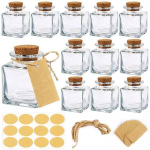 lot 14043 image: OurWarm 12 Pack Square Small Glass Bottles with Lids, 1.7OZ Mini Glass Jars with Cork Tag Label and Twine, Versatile Small Bottles for Candy Potion Spice DIY Crafts Gift Birthday Wedding Party Favors