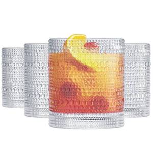 lot 14055 image: Khen Plastic Hobnail Drinking Glasses Set of 4 Clear Cups 14oz, Shatterproof & Unbreakable Acrylic Beaded Design, BPA-Free, Dishwasher Safe IndoorOutdoor Drinkware for Water, Juice, Cocktails