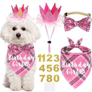 lot 14066 image: JOTFA Dog Birthday Party Supplies, Multi Sizes Dog Birthday Bandana Girl Dog Birthday Hat Crown with Birthday Numbers Bow Tie for Small Dogs Pets (Pink, Small)
