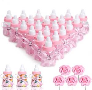 lot 14070 image: MACTING 2 Dozens 3.5 Inch Feeding Bottle Candy Box with 5 Pcs Artificial Flower Rose for Baby Shower Favor Gift Decoration (Pink)