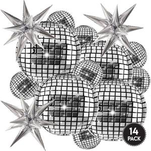 lot 14082 image: Inflatable Disco Ball Balloons Pack of 14 - 22 Silver Mylar Foil Disco Party Balloons with Star Balloons, Ribbon & Pipe for New Years Disco Ball Decorations Party, Bachelorette, Birthday D�cor