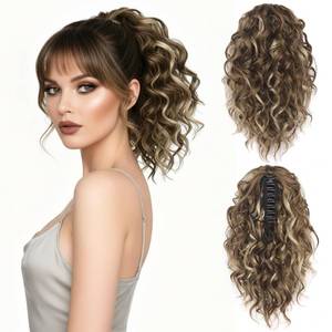 lot 14088 image: 12 Inch Ponytail Extension - Soft Curly Pony Tails Hair Extensions, Claw Clip Ponytail Extension, Synthetic Clip in Ponytail Hair Extensions (Color Ash Brown with Beige Blonde Highlights)
