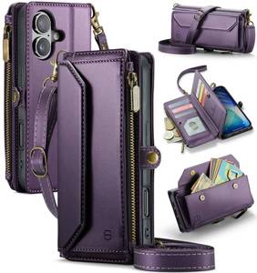 lot 14122 image: Strapurs Wallet Case Compatible with iPhone 17 6.3 RFID Blocking 9-Card Holder Soft PU Leather Magnetic Snap Shoulder Strap Zipper Pocket Phone Case Fit for iPhone 17 for Women - Purple