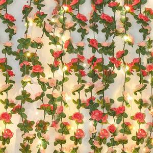 lot 14123 image: MARTINE MALL Flower Garland Vines, 5 Strands 41Ft With 33 Ft100 LED String Lights - Rose Decoration for Bedroom, Room, Table, Wedding Decor