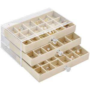 lot 14130 image: Clear Acrylic 3-Layer Velvet Jewelry Display Case, Earring and Jewelry Organizer with 54 Compartments, Beige Storage Box with Knob Handles, Transparent Top for Easy Viewing, 9.3 x 5.3 x 4.1 in��